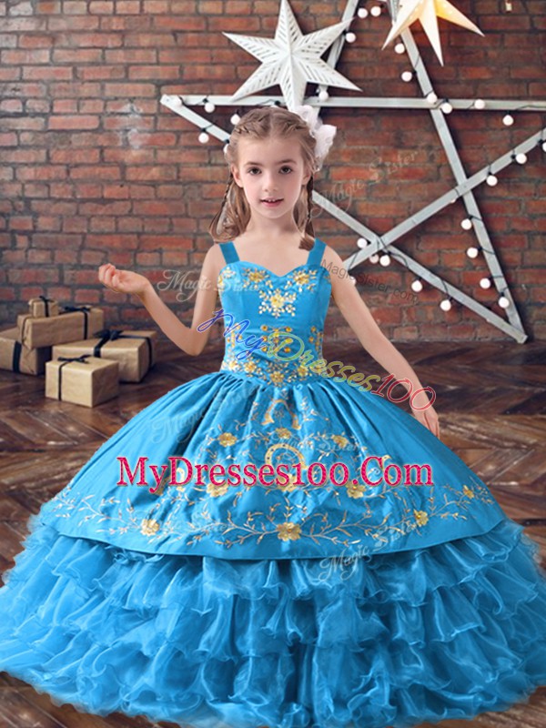 Baby Blue Sleeveless Satin and Organza Lace Up Little Girls Pageant Dress for Wedding Party