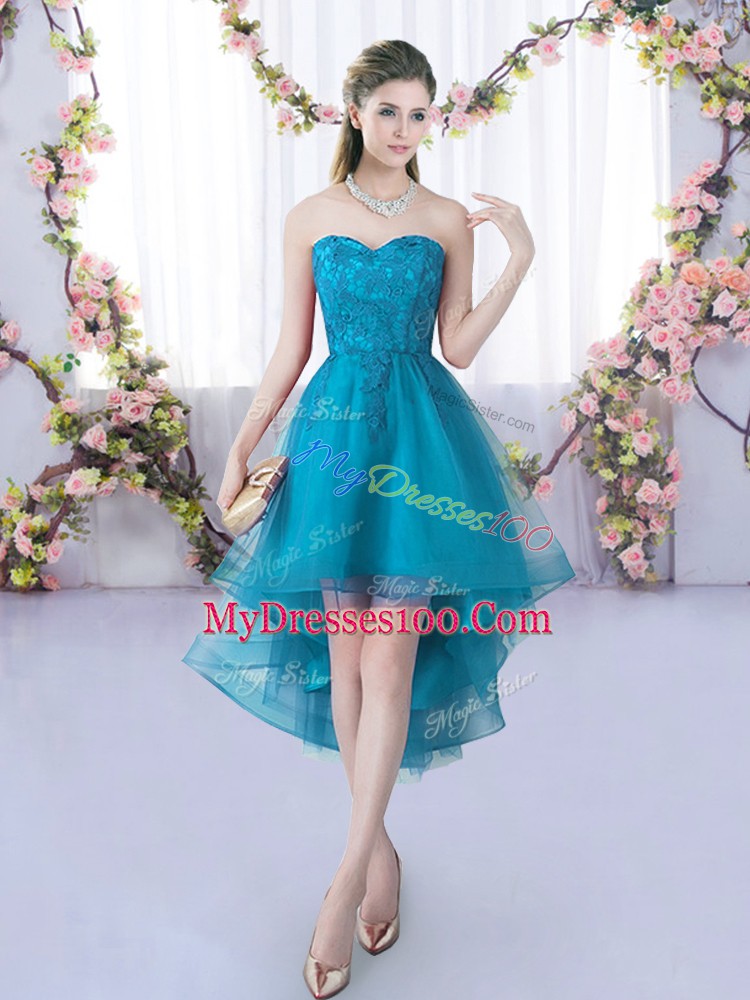 High Low A-line Sleeveless Teal Bridesmaid Dress Lace Up