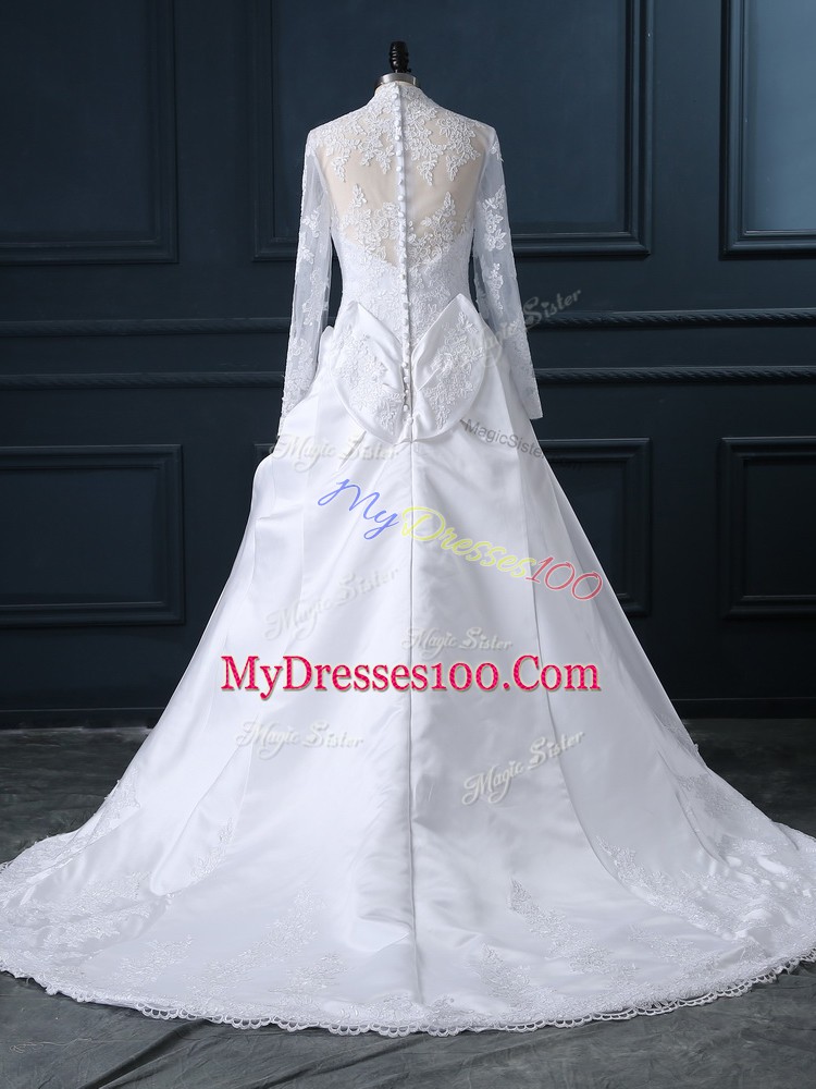 Clasp Handle Wedding Gowns White for Wedding Party with Lace Brush Train