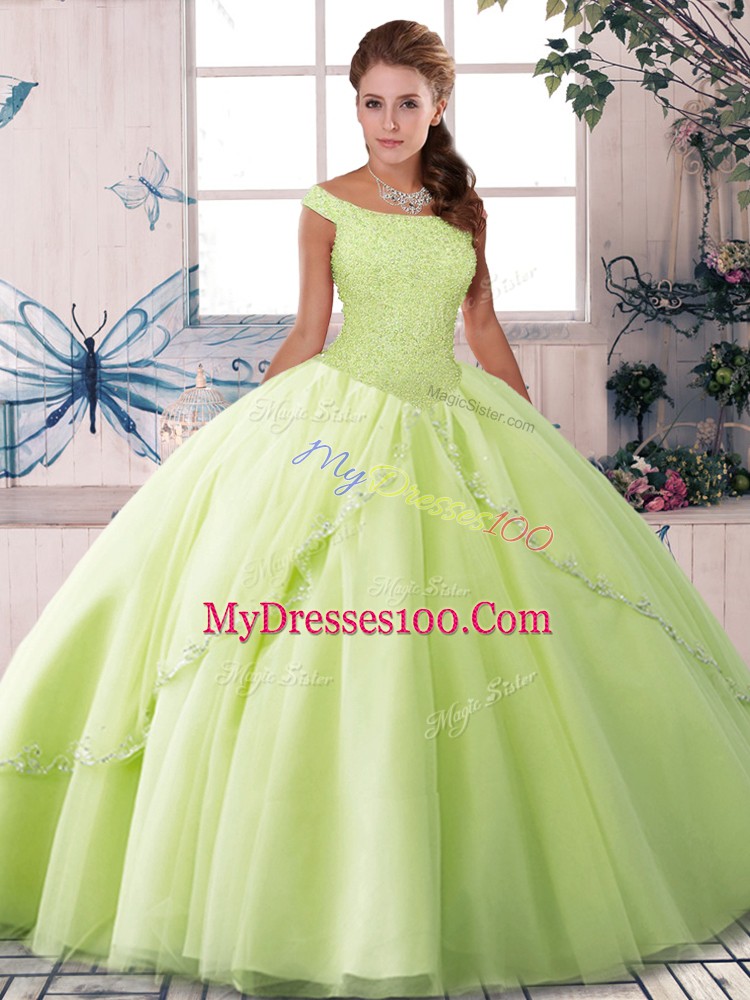 Most Popular Tulle Off The Shoulder Sleeveless Brush Train Lace Up Beading 15 Quinceanera Dress in Yellow Green