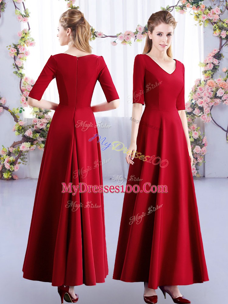 Romantic Wine Red Empire V-neck Half Sleeves Satin Ankle Length Zipper Ruching Bridesmaid Dress