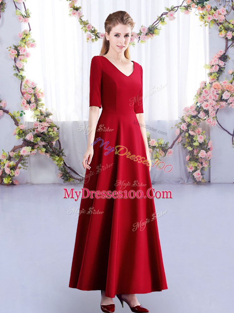Romantic Wine Red Empire V-neck Half Sleeves Satin Ankle Length Zipper Ruching Bridesmaid Dress