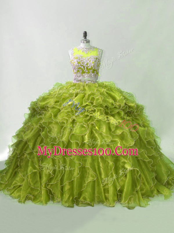 Adorable Sleeveless Organza Brush Train Zipper Vestidos de Quinceanera in Olive Green with Beading and Ruffles
