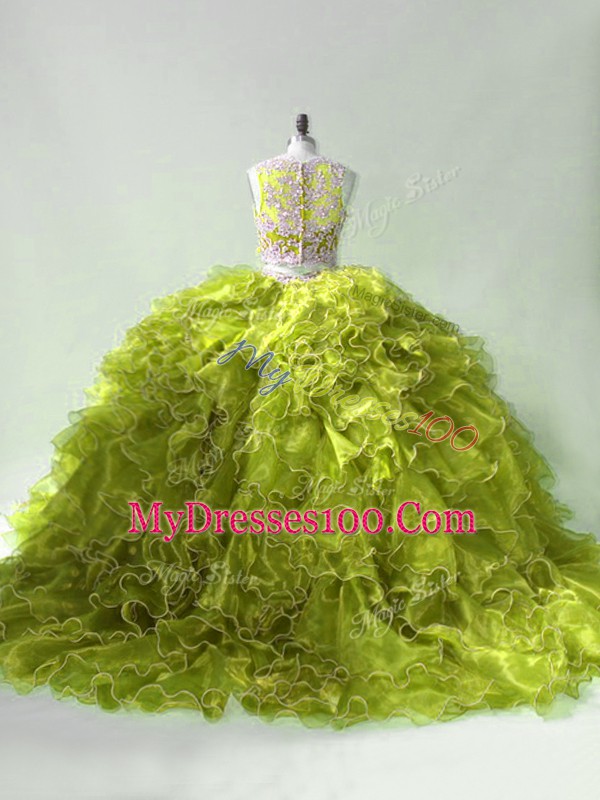 Adorable Sleeveless Organza Brush Train Zipper Vestidos de Quinceanera in Olive Green with Beading and Ruffles