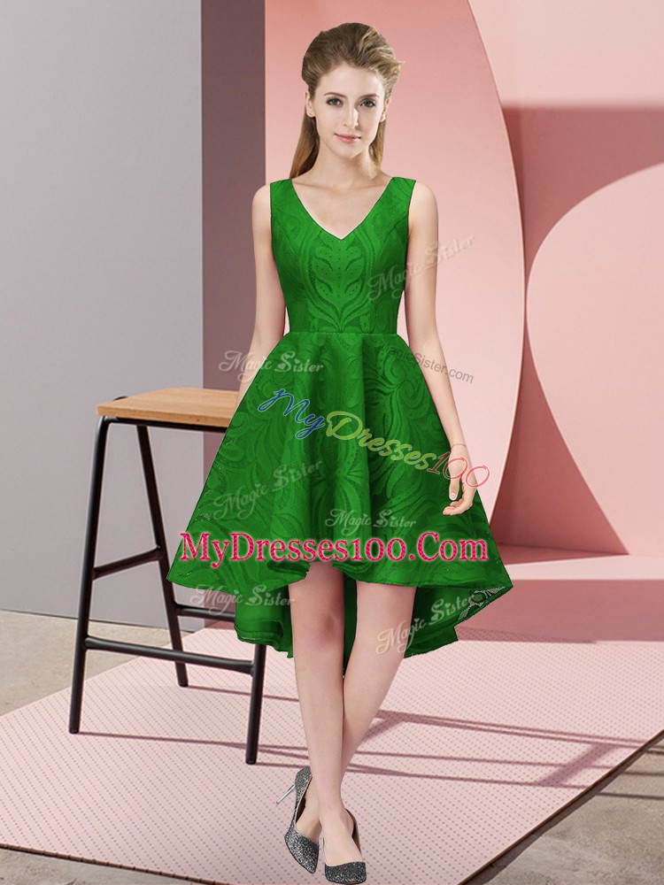 Sexy Green A-line Lace V-neck Sleeveless Lace High Low Zipper Bridesmaids Dress