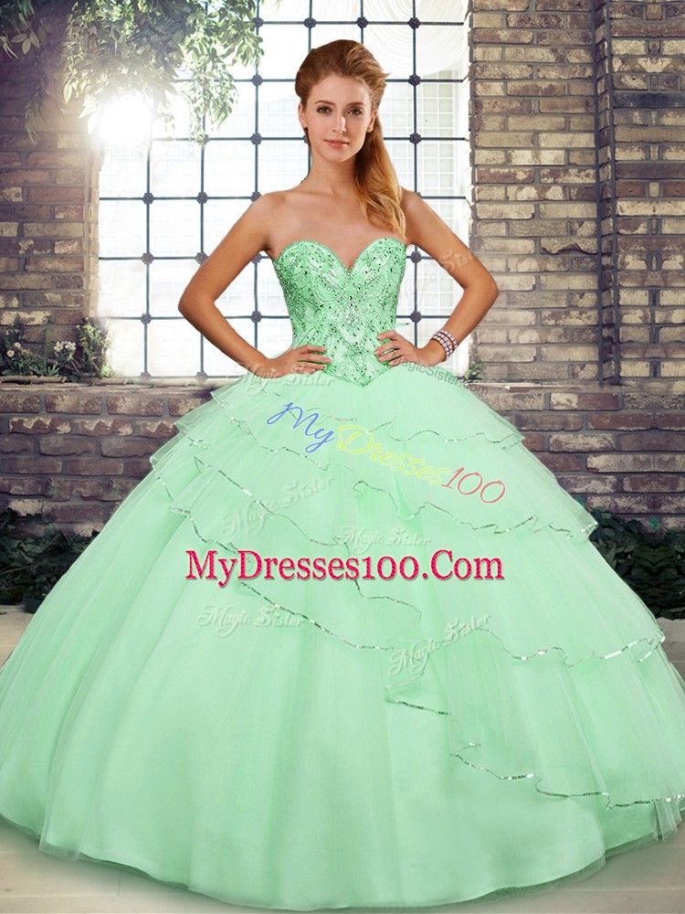 Apple Green Sleeveless Tulle Brush Train Lace Up Sweet 16 Dress for Sweet 16 and Quinceanera