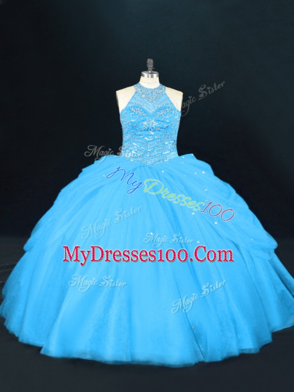 Popular Floor Length Ball Gowns Sleeveless Aqua Blue Quinceanera Gowns Lace Up