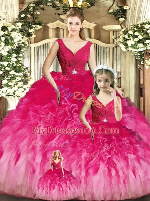 Decent Sleeveless Beading and Ruffles Backless Quince Ball Gowns