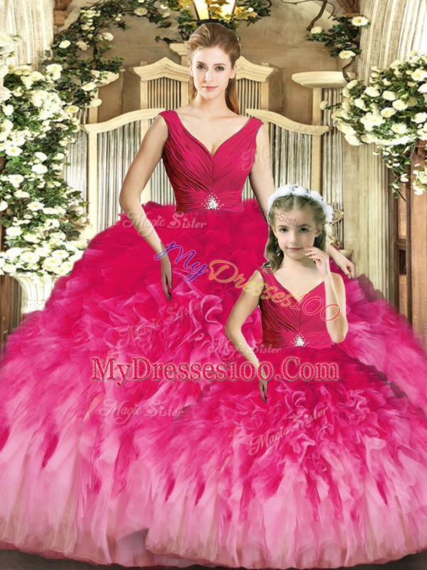 Decent Sleeveless Beading and Ruffles Backless Quince Ball Gowns
