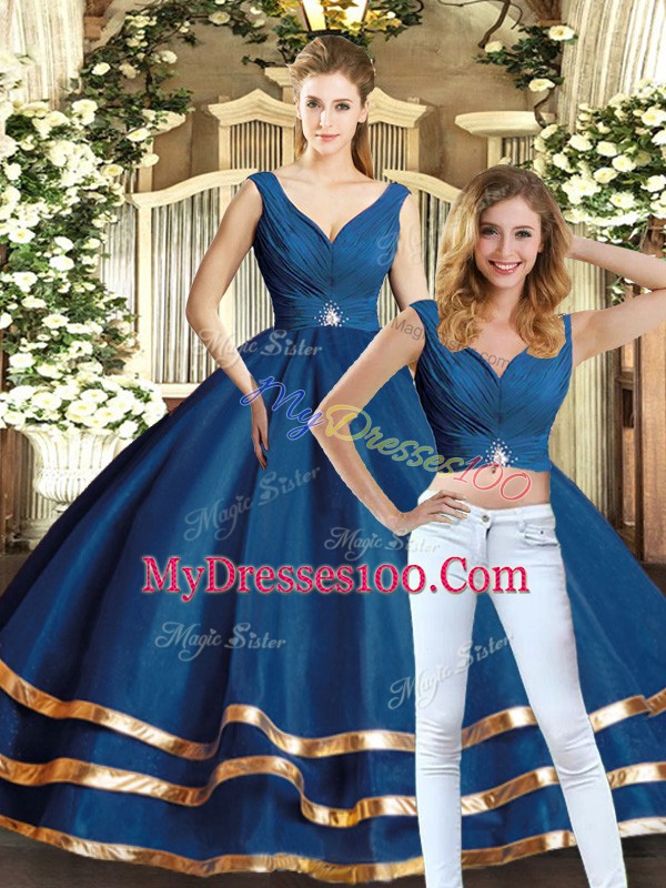 Pretty Navy Blue Two Pieces Tulle V-neck Sleeveless Beading and Ruffled Layers Floor Length Backless Sweet 16 Dress