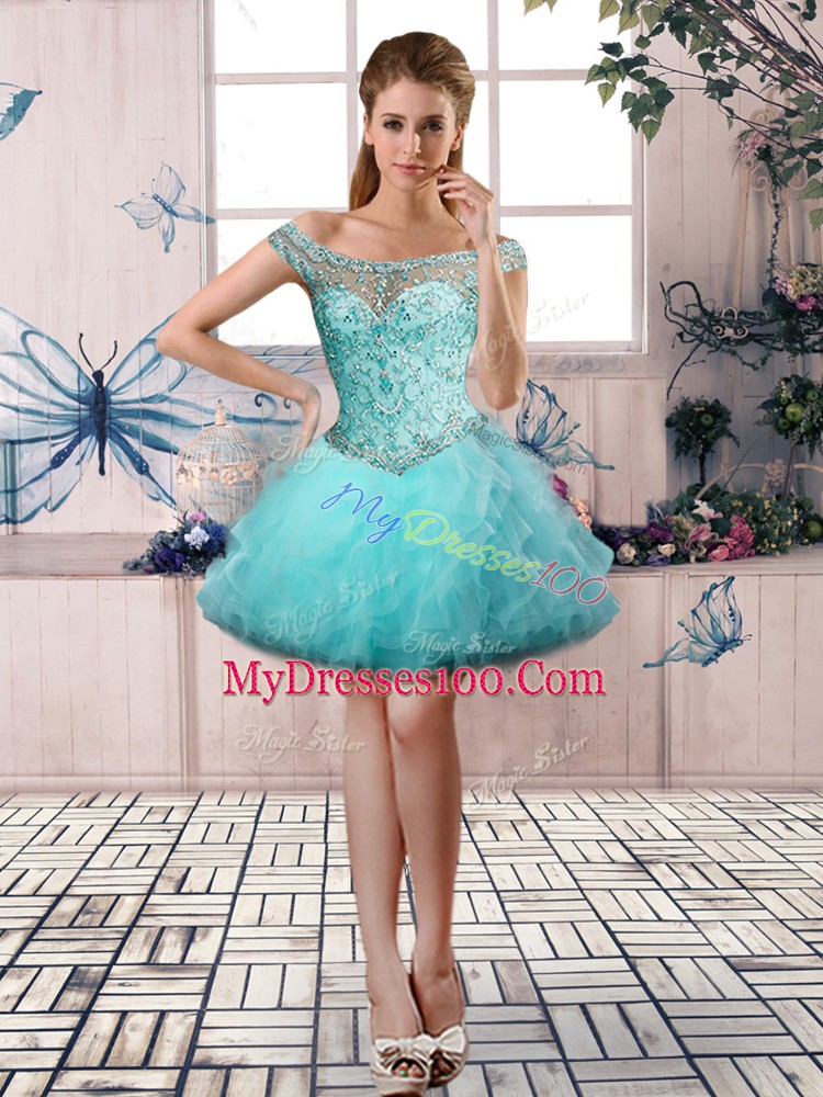 Tulle Off The Shoulder Sleeveless Lace Up Beading and Ruffles Homecoming Dresses in Aqua Blue