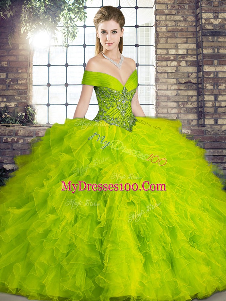 Simple Olive Green Off The Shoulder Neckline Beading and Ruffles Quinceanera Dress Sleeveless Lace Up