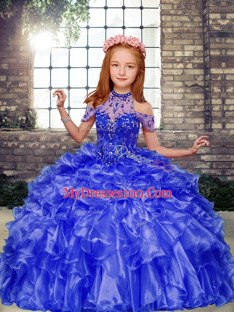 Perfect Blue Sleeveless Organza Lace Up Pageant Dresses for Party and Military Ball and Wedding Party