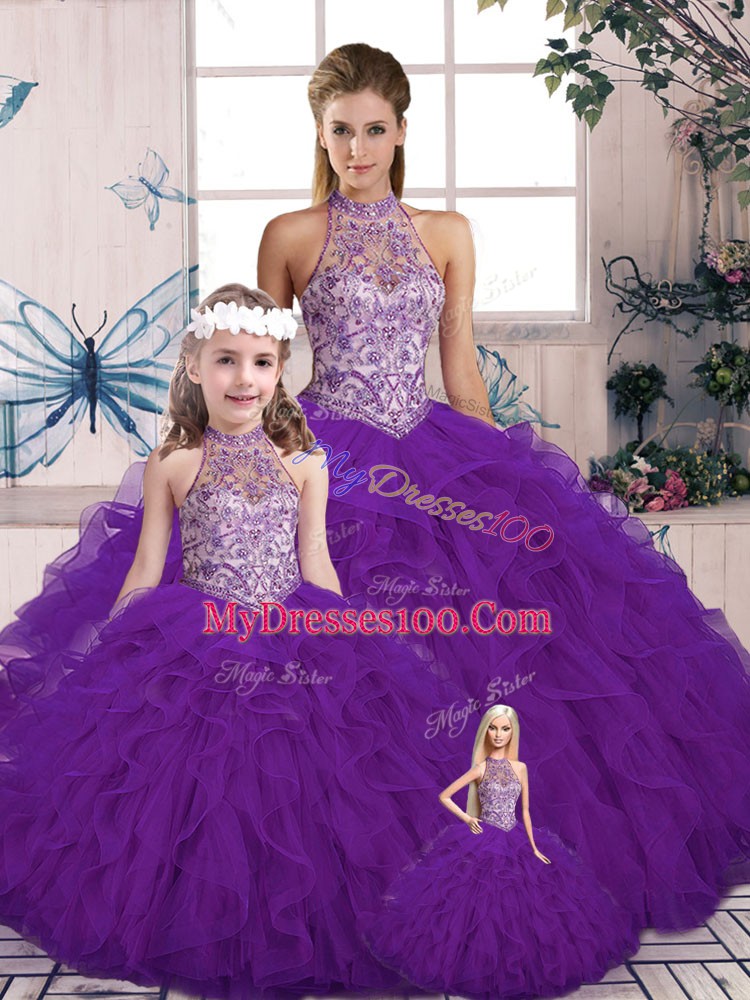 Pretty Purple Lace Up Halter Top Beading and Ruffles Ball Gown Prom Dress Tulle Sleeveless
