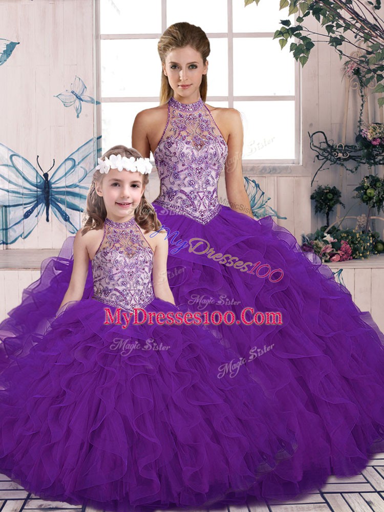 Pretty Purple Lace Up Halter Top Beading and Ruffles Ball Gown Prom Dress Tulle Sleeveless