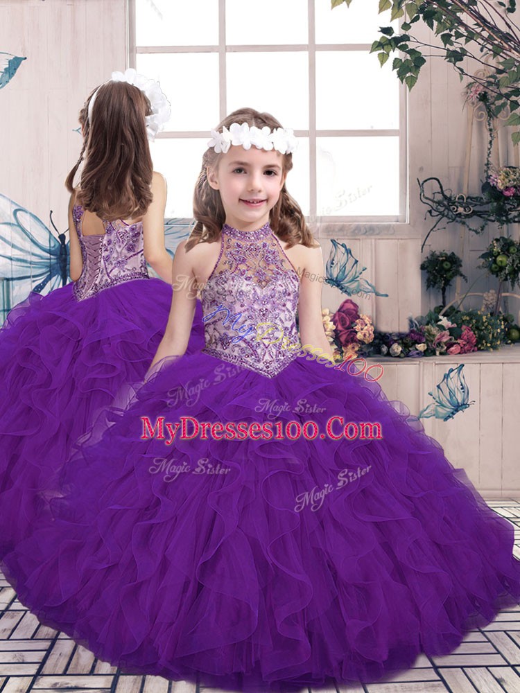 Pretty Purple Lace Up Halter Top Beading and Ruffles Ball Gown Prom Dress Tulle Sleeveless