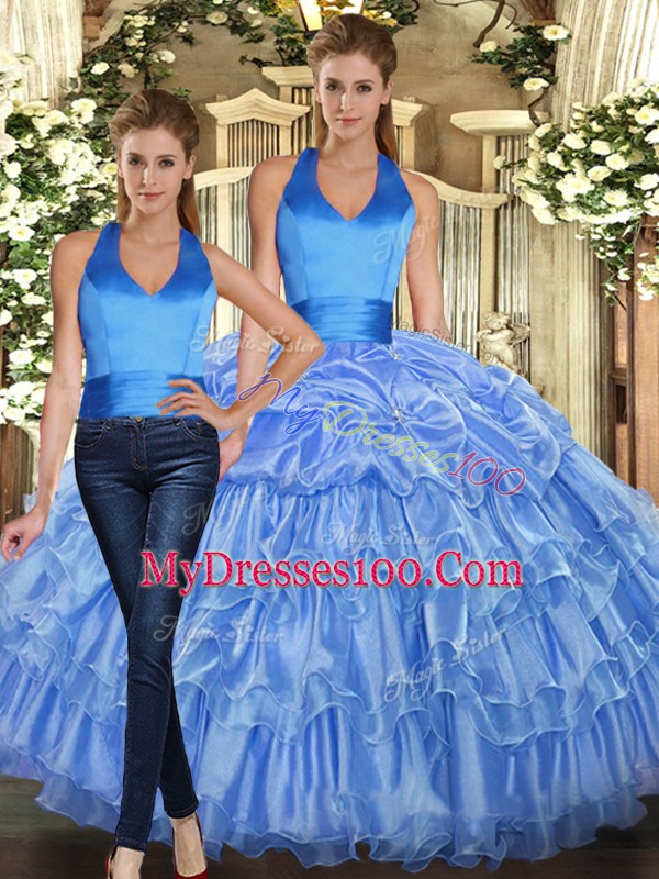 Floor Length Baby Blue Sweet 16 Dress Halter Top Sleeveless Lace Up