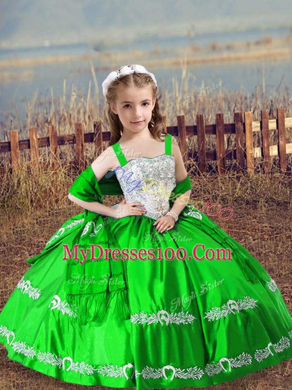 Straps Sleeveless Satin Kids Pageant Dress Beading and Embroidery Lace Up