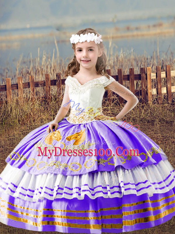 Superior Floor Length Ball Gowns Sleeveless Lavender Little Girl Pageant Dress Lace Up