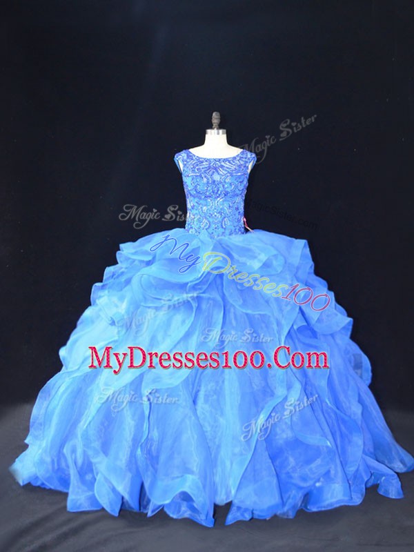 Deluxe Scoop Sleeveless Quinceanera Gown Brush Train Beading and Ruffles Blue Organza