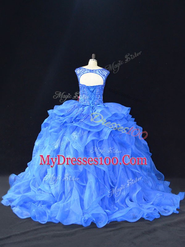 Deluxe Scoop Sleeveless Quinceanera Gown Brush Train Beading and Ruffles Blue Organza
