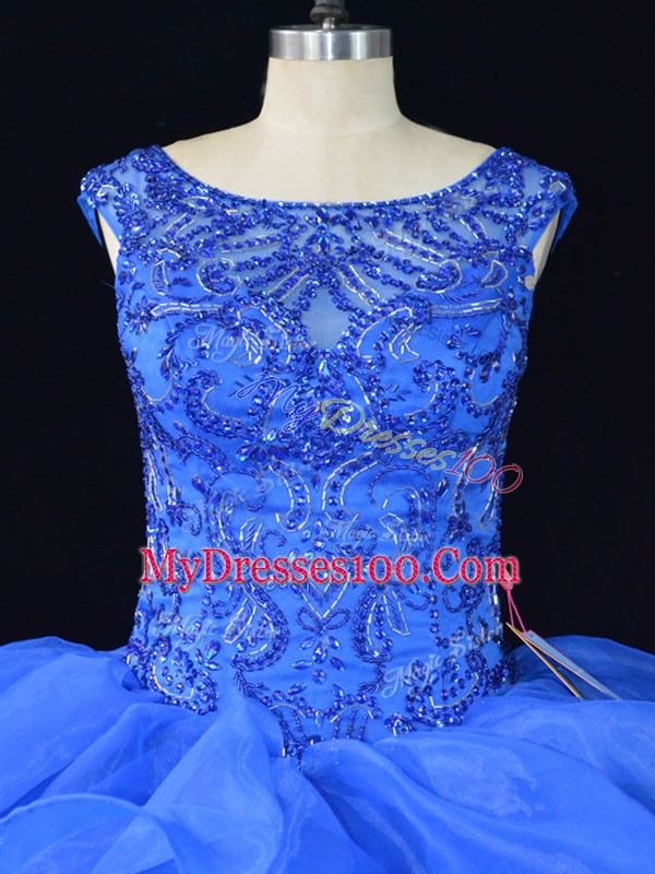 Deluxe Scoop Sleeveless Quinceanera Gown Brush Train Beading and Ruffles Blue Organza