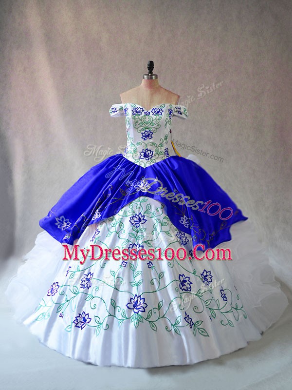 Sophisticated Blue And White Ball Gowns Organza Off The Shoulder Sleeveless Embroidery and Ruffles Floor Length Lace Up Quinceanera Gown