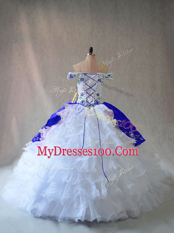 Sophisticated Blue And White Ball Gowns Organza Off The Shoulder Sleeveless Embroidery and Ruffles Floor Length Lace Up Quinceanera Gown