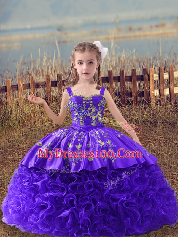 Perfect Sleeveless Embroidery Lace Up Custom Made Pageant Dress with Purple Sweep Train