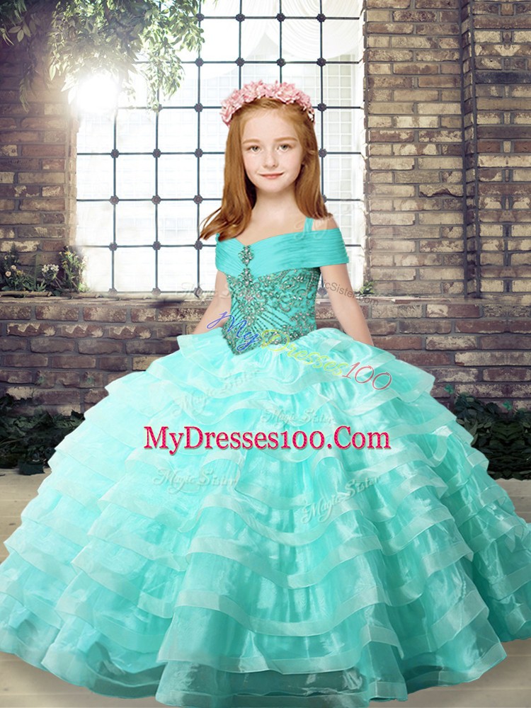Apple Green Lace Up Little Girl Pageant Gowns Ruffled Layers Sleeveless Brush Train