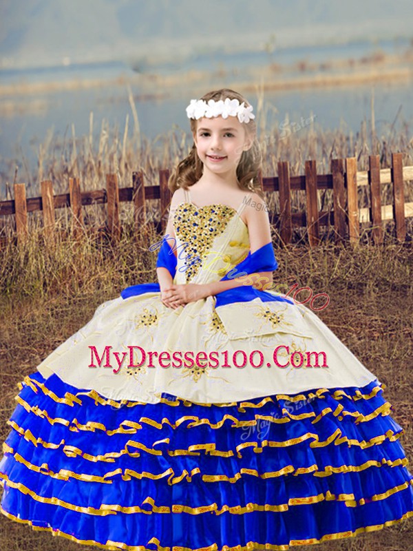 Royal Blue Organza Lace Up Kids Formal Wear Sleeveless Floor Length Beading and Embroidery and Ruffled Layers
