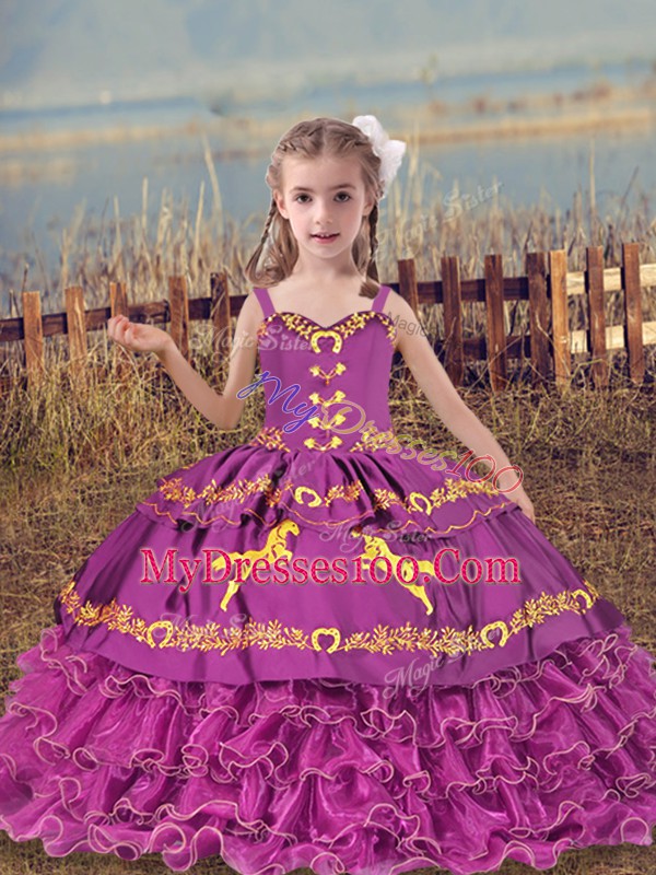 Excellent Fuchsia Sleeveless Beading and Embroidery and Ruffled Layers Floor Length Pageant Dress Wholesale