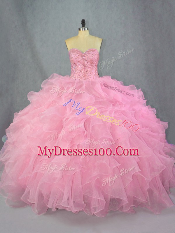 Pink Lace Up Sweet 16 Quinceanera Dress Beading and Ruffles Sleeveless Floor Length