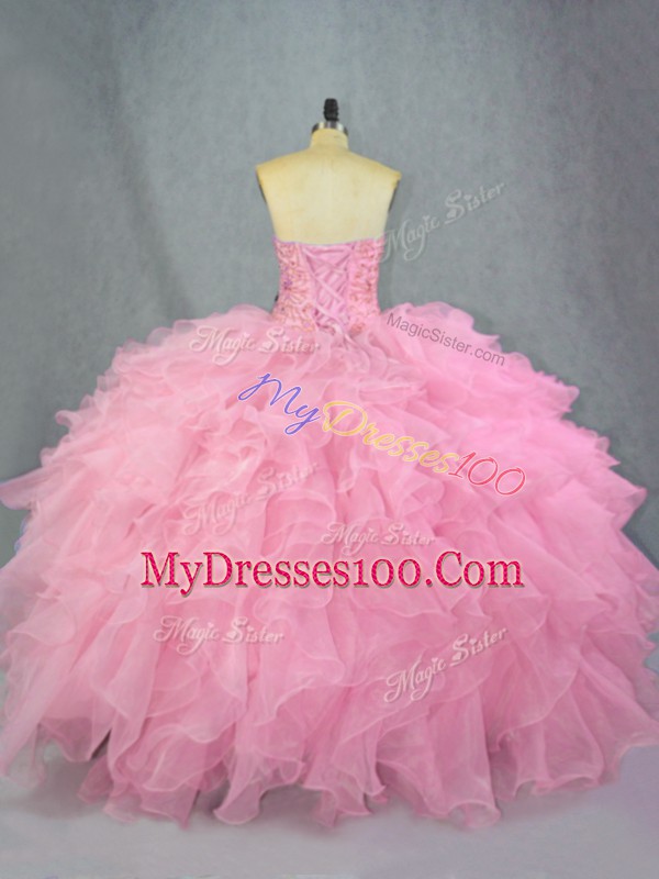 Pink Lace Up Sweet 16 Quinceanera Dress Beading and Ruffles Sleeveless Floor Length