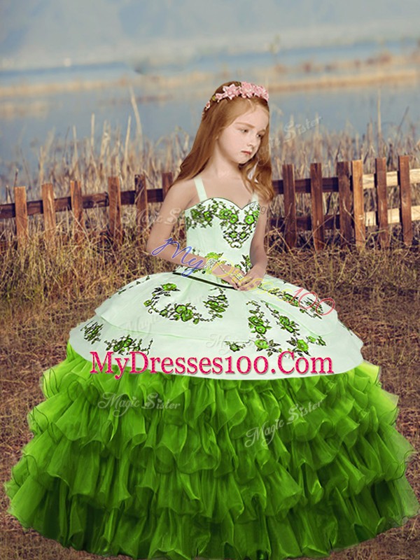 Floor Length Lace Up Little Girl Pageant Dress Green for Party and Wedding Party with Embroidery and Ruffled Layers