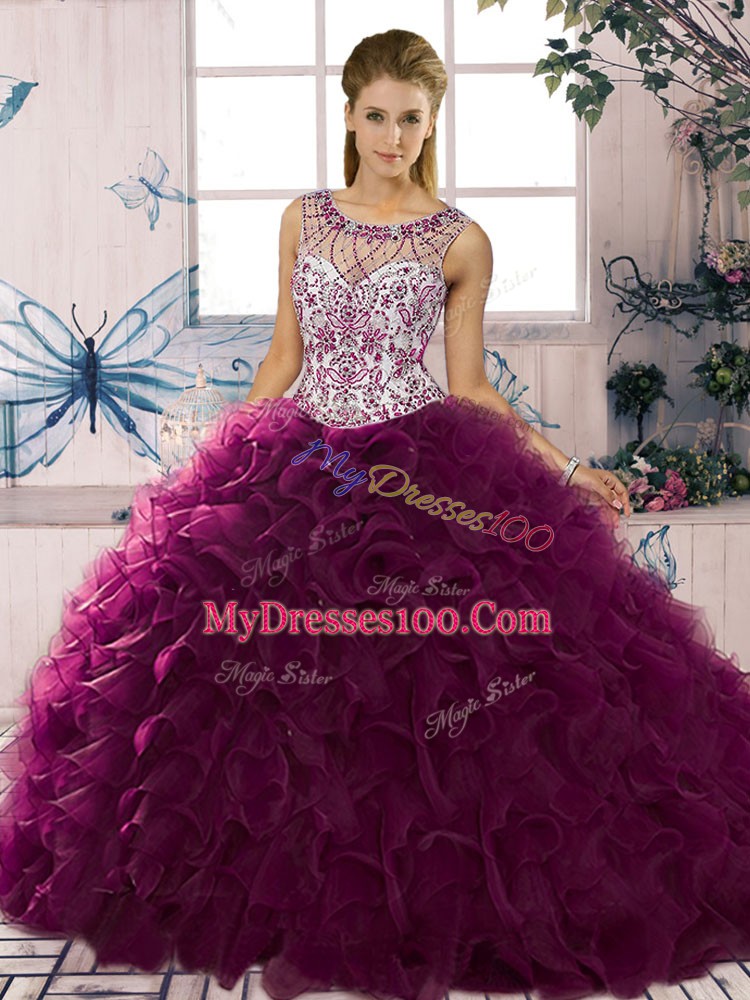 Sleeveless Lace Up Floor Length Beading and Ruffles 15th Birthday Dress