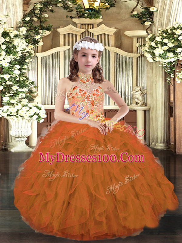 Amazing Orange Lace Up Strapless Appliques and Ruffles Little Girl Pageant Dress Tulle Sleeveless