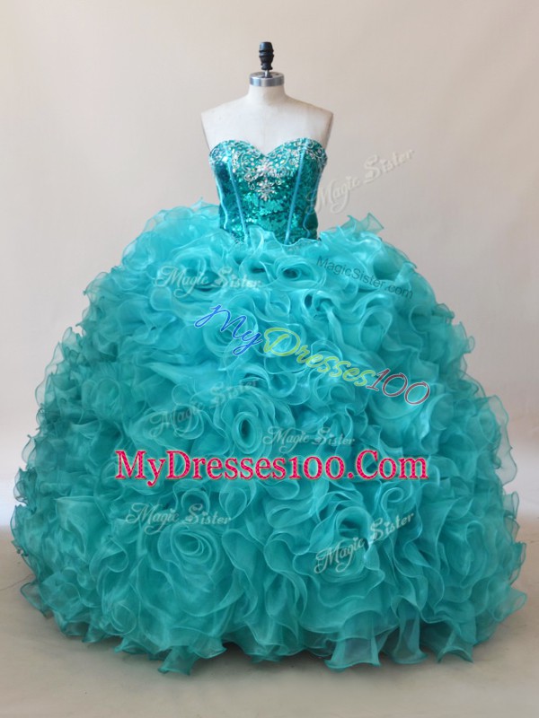 Sexy Sweetheart Sleeveless Fabric With Rolling Flowers Quinceanera Gowns Ruffles and Sequins