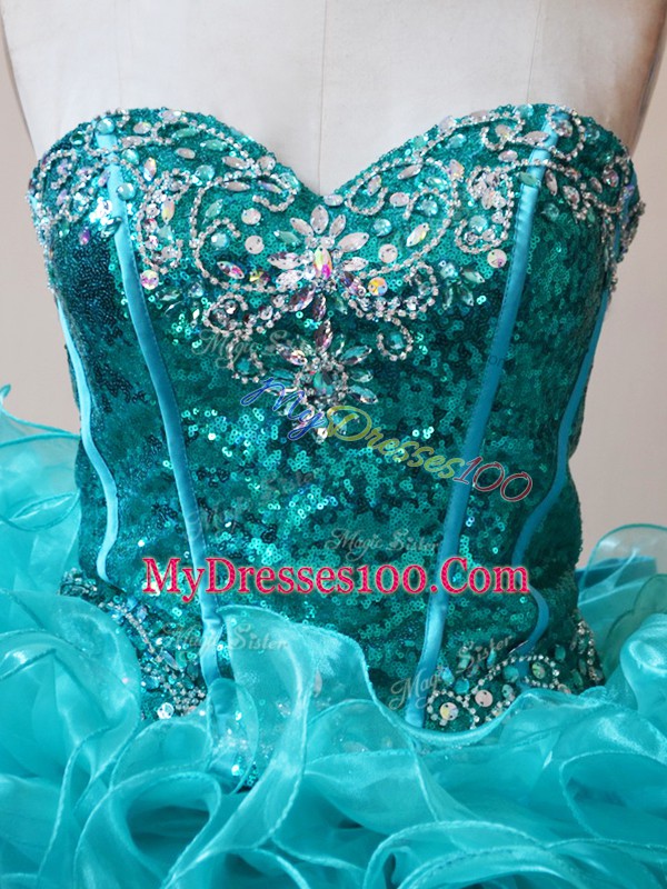 Sexy Sweetheart Sleeveless Fabric With Rolling Flowers Quinceanera Gowns Ruffles and Sequins