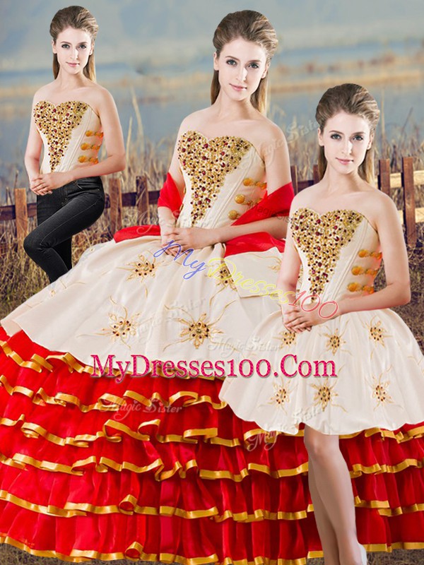 White And Red Sleeveless Beading and Ruffled Layers Floor Length Quinceanera Gowns
