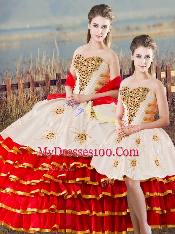 White And Red Sleeveless Beading and Ruffled Layers Floor Length Quinceanera Gowns