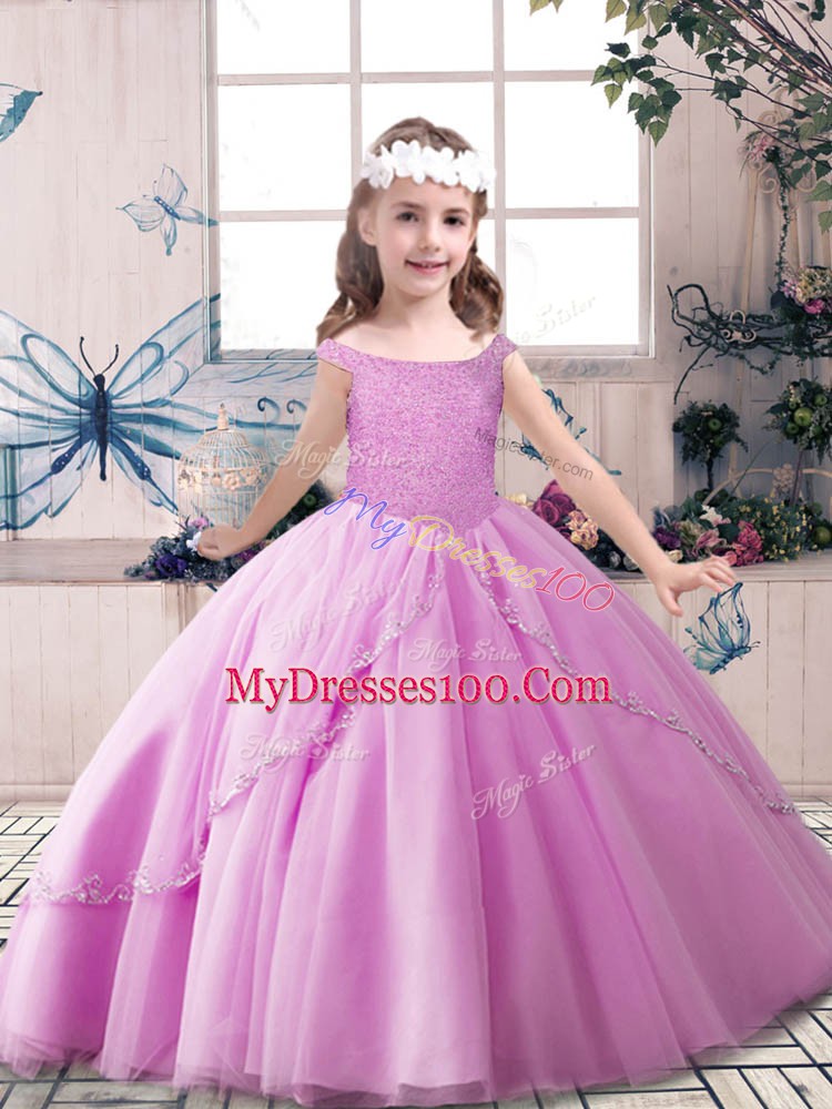 Off The Shoulder Sleeveless Tulle Pageant Gowns For Girls Beading Lace Up