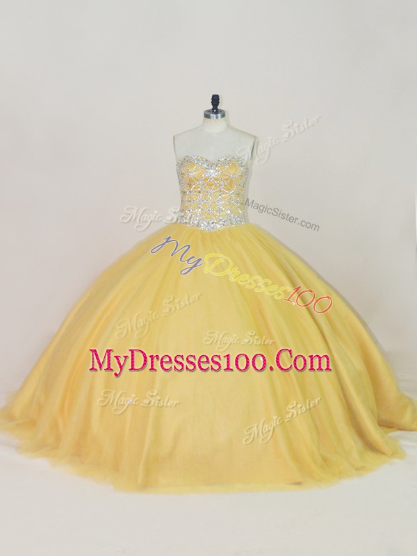 Glorious Tulle Sweetheart Sleeveless Lace Up Beading Ball Gown Prom Dress in Gold