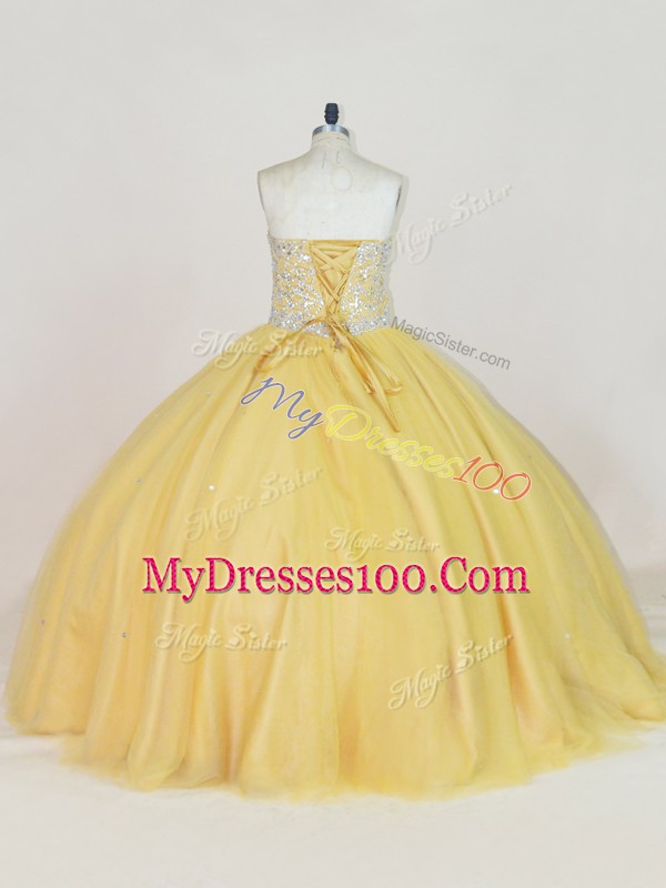 Glorious Tulle Sweetheart Sleeveless Lace Up Beading Ball Gown Prom Dress in Gold