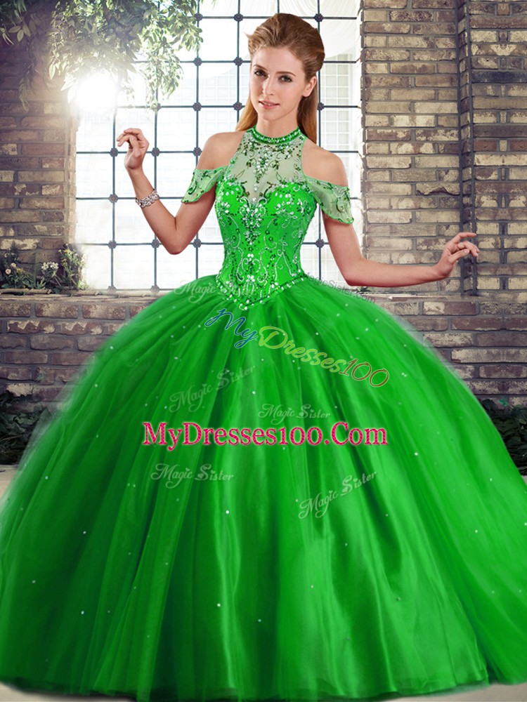 Green Sweet 16 Quinceanera Dress Military Ball and Sweet 16 and Quinceanera with Beading Halter Top Sleeveless Brush Train Lace Up