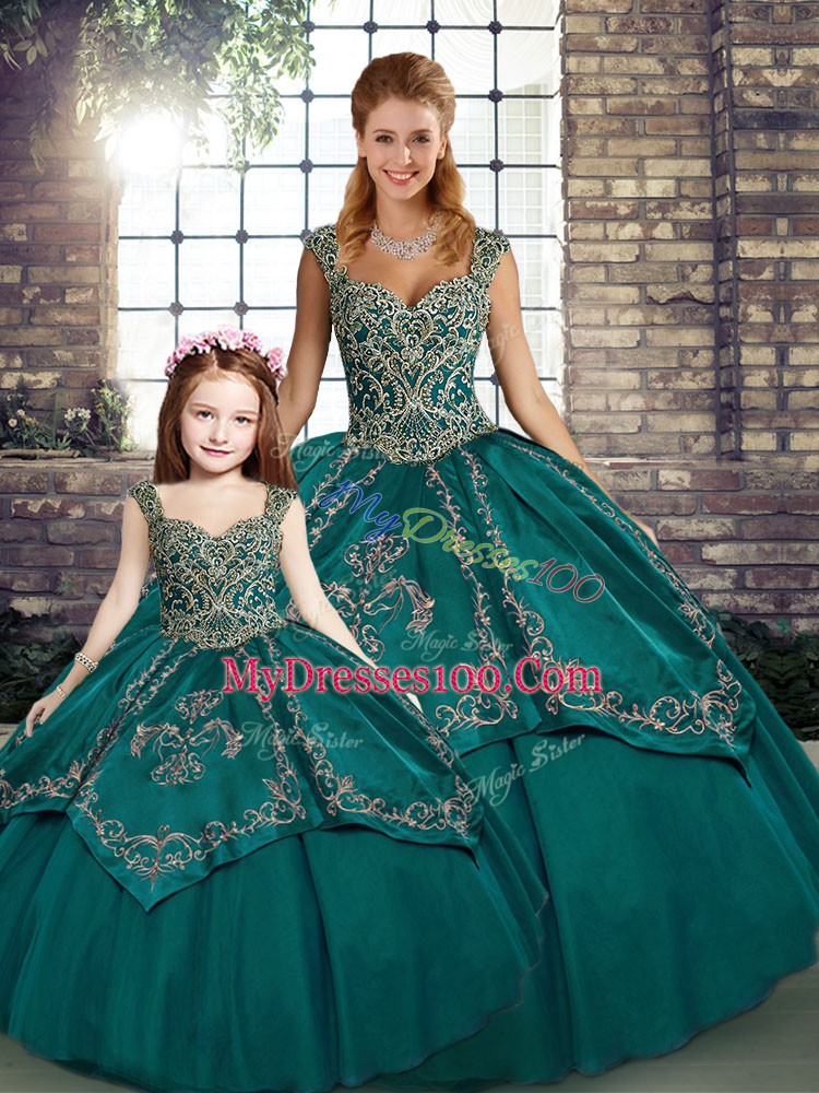 Ball Gowns Quinceanera Gowns Teal Straps Tulle Sleeveless Floor Length Lace Up