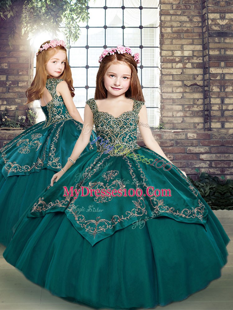 Ball Gowns Quinceanera Gowns Teal Straps Tulle Sleeveless Floor Length Lace Up