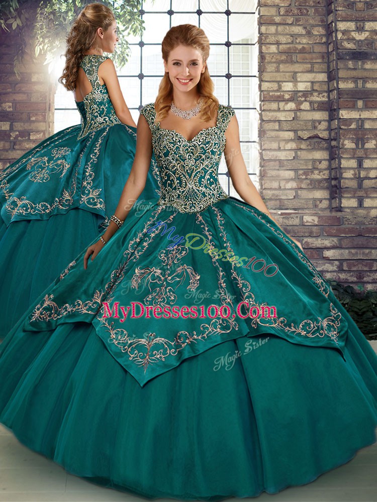 Ball Gowns Quinceanera Gowns Teal Straps Tulle Sleeveless Floor Length Lace Up