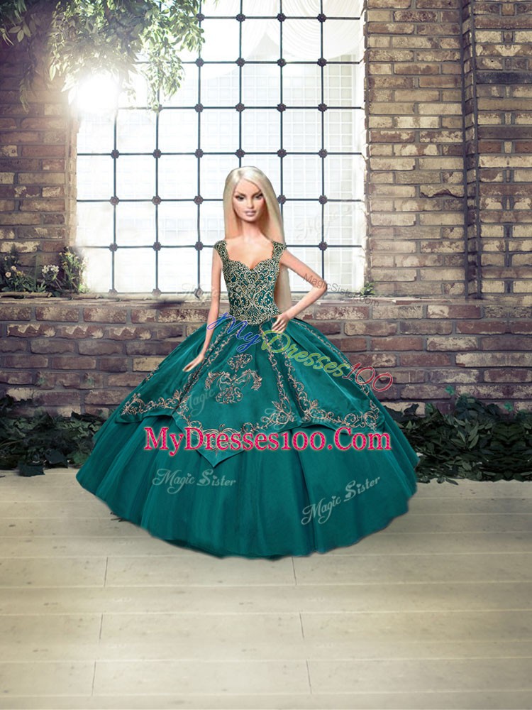 Ball Gowns Quinceanera Gowns Teal Straps Tulle Sleeveless Floor Length Lace Up
