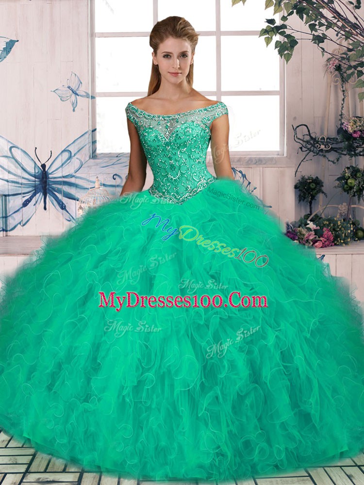 Turquoise Quinceanera Dress Tulle Brush Train Sleeveless Beading and Ruffles